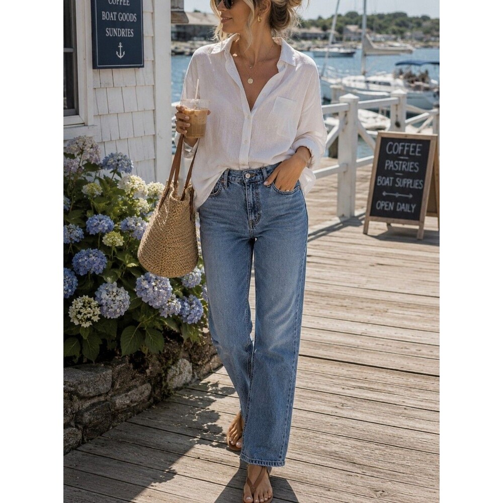 Blue Jeans 10 Medium Wash High Rise Denim Wide Leg Casual Clean Girl Quiet Luxur